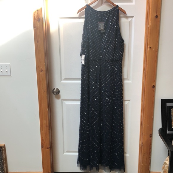Adrianna Papell Halter Art Deco Beaded Blouson Navy Blue Dress new with defects - Picture 7 of 11